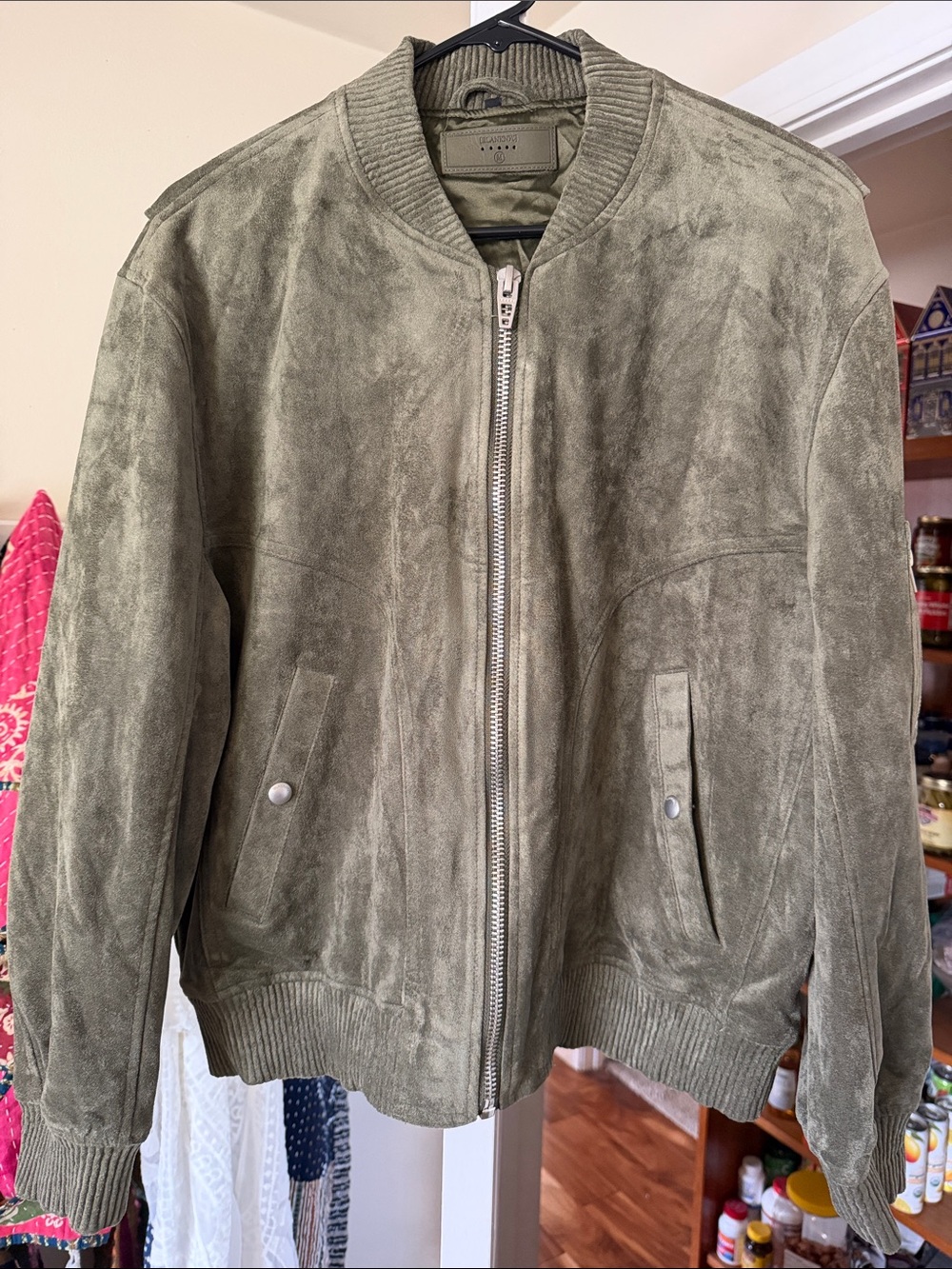 Womens Olive Suede Bomber Jacket - Classic Zip Front